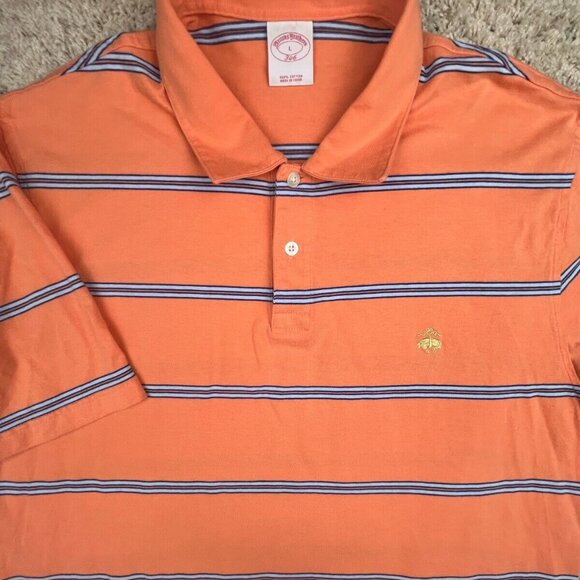 Brooks Brothers 346 Men’s Short Sleeve Polo Shirt Orange Blue Striped Large - Picture 1 of 8